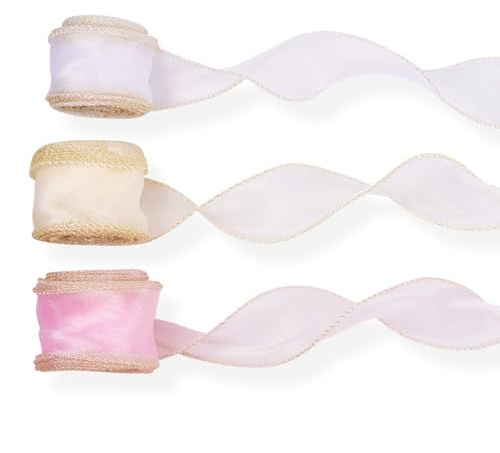 Crafans 3 Rollen 40 mm Glitzerndes, schimmerndes Organza-Chiffonband, irisierendes, durchsichtiges Band, 3 Farben, Geschenkverpackungsband für Blumenstrauß, Hochzeitsschleifen, Partydekoration