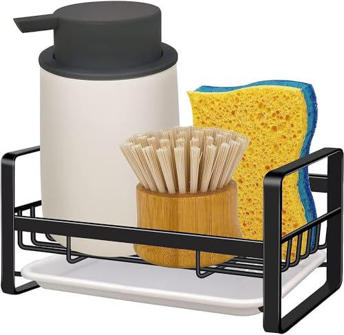 AxiwoIntl Spülbecken Organizer - Edelstahl Waschbecken Organizer Küche, Küchen Organizer mit Abnehmbarer Abflusspfanne, Bürstenablage für Küche Ohne Bohre (Schwarz)