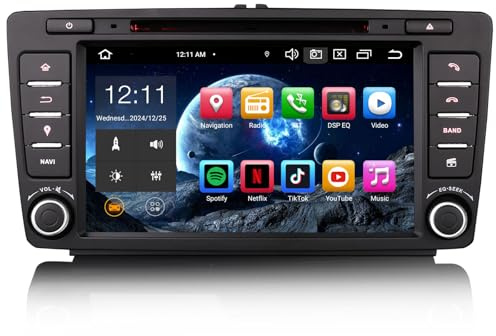 Erisin 8 Zoll Android 14 8-Kern 4GB+64GB Autoradio Bluetooth GPS Navigation für Skoda Superb Octavia Rapid Yeti Roomster Unterstützt CarPlay Android Auto WiFi DSP DAB+USB FM RDS CD DVD DTV OBD2 Canbus