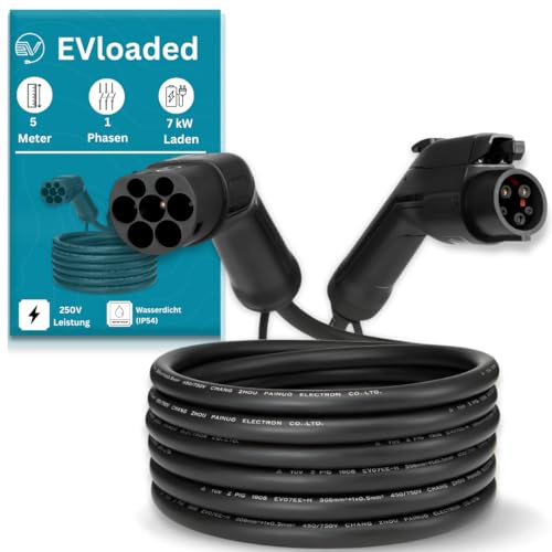EVloaded | Cable de Carga Tipo 2 a Tipo 1 para Coches Eléctricos – 7kW (32A, AC) – 5m – Compatible con Nissan Leaf, Kia Soul EV, BMW i3 (US), VW e-Golf (US) – IP54 – 2 Años de Garantía