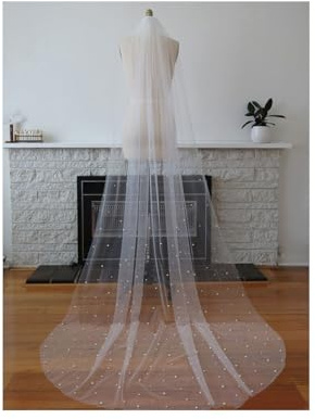 Schleier für die Braut, Perlen-Hochzeitsschleier, 1-stufig, weicher Brautschleier, perlenbesetztes Hochzeitszubehör, Schleier in Kathedralenlänge mit Kamm(300cm)