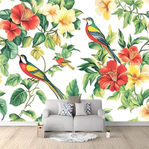 Fiori E Uccelli Vintage Poster Giganti da Parete Verde Fotomurale Carta da Parati Murale alla Moda Decorazione da Muro fotografica Murale per Camera Letto Sala 200x140 cm