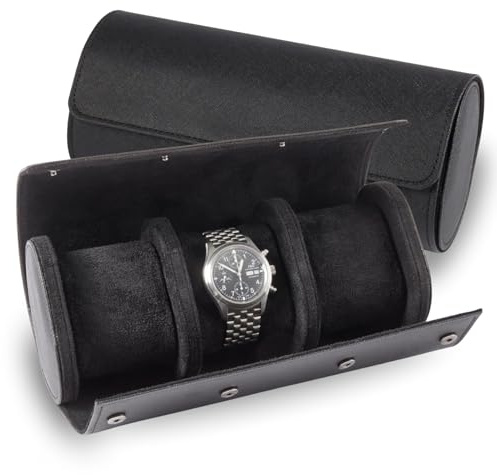 Bey-Berk Milani Leather Watch Roll - Luxury 3 Watch Travel Case for Men, Women, Genuine Leather with Soft Velour Lining and Snap Closure