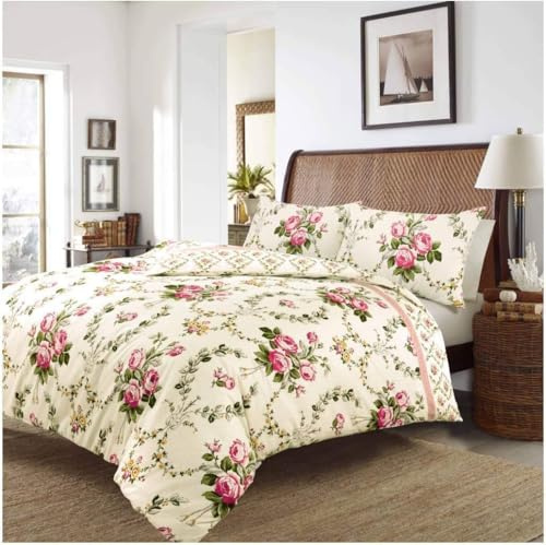KARKARM Olivia Flannelette Floral Duvet Cover Single Pink 100% Brushed Cotton Flannel Duvet Cover Set with Reversible Thermal Pillowcase