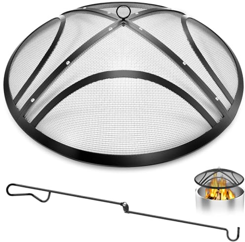 Verbesserter Funkenschutz, 91,4 cm (36 Zoll) Outdoor-Feuerstellen-Bildschirm mit Griff und Schürhaken, robuste Stahl-Feuerstellenabdeckung, rundes Netz, Ersatz-Feuerstellen-Bildschirm für Hinterhof,