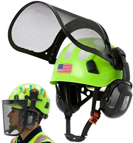 Aolamegs Chainsaw Helmet with Face Shield and Ear Muffs-Green Forestry Helmet with Hearing Protection and Mesh Full Face Mask, OSHA Approved Arborist Safety Helmet with Ear Protection for Mowing