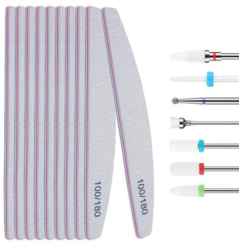 YHTSPORT Set di 17 pezzi lime per unghie 100 180 e 3/32 punte fresa unghie, 10 lima per unghie professionale, 7 punta fresa rimozione gel ceramica, Accessori unghie per manicure pedicure