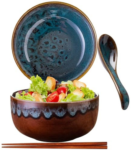 Tazón de Ramen Japonés de Cerámica Con Cuchara y Palillos, Juego de Tazones de Sopa de Porcelana y Ensaladeras