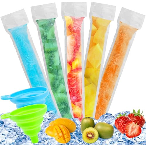 Bomtop Lot de 200 Moule à Glace, Sacs Popsicle, DIY Popsicle Pochettes avec 2 Pcs Entonnoir, Sans Bpa, Popsicle Mold pour Yaourt, Crème Glacée, Smoothies, Bonbons Glacés Party Favor