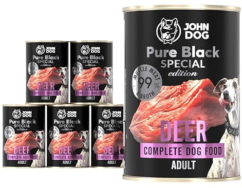 John Dog Hundefutter Hirsch - Premium Getreidefreies Hundenassfutter mit 99% Fleisch - Monoprotein Nassfutter für ausgewachsene Hunde - Pure Black Special Edition 6 x 400g