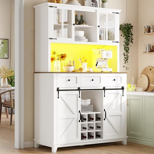 Laxnb Küchenschrank mit LED-Licht & Stauraum, Sideboard 105x38x180 Kommode Hochschrank mit Arbeitsplatte, Schiebetüren Schublade Ablage, Mehrzweckschrank Buffetschrank Kitchen Cabinet Anrichte, Weiß
