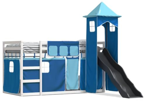Goldicoo Kinder Etagenbett mit Vorhänge, Rutsche & Turm – Rosa Blau Schwarz – 80x200 90x190 90x200 – Massivholz Kiefer – Spielbett Kinderbett für Jungen und Mädchen