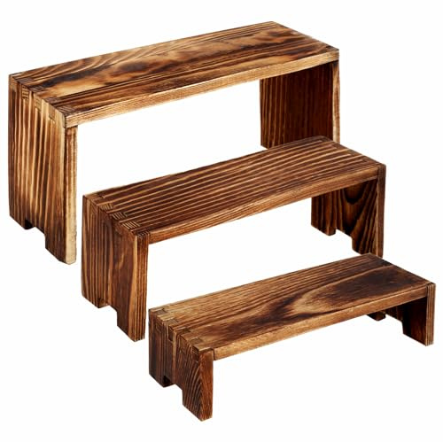 HZUIZXYO 3Pcs Wood Display Risers,Rectangular Stackable Pine Display Stands Decorative Display Rack Shelf Organizer for Dessert Food Perfume Jewelry Collections