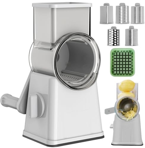 Râpe à fromage rotative à manivelle 5 en 1 trancheuse légumes avec récipient pour râper, trancher, couper en dés, râpe manuelle, outil de cuisine blanc