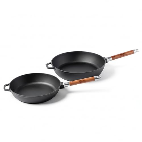 BIOL Juego de sartenes de hierro fundido de 24 cm + 26 cm sin tapas de cristal – 2 piezas – con mangos de madera extraíbles (Juego de sartenes 24/26 cm)