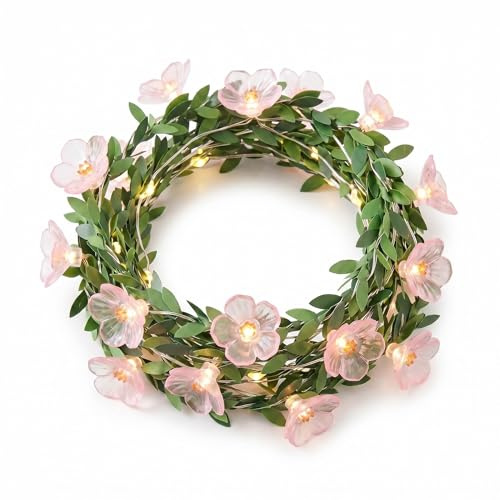 DiiWmme 2M Green Leaf Cherry Blossom Fairy Lights 20 LED,Battery Operated Flower String Lights for Bedroom Decor,Indoor Spring Christmas Decorations,Romantic Gift for Girls Room,Wedding,Party (Pink B)