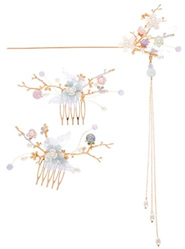 Minkissy Rhinestone Pearl Flower Hair Stick Hair Comb Chinese Hair Chopsticks Vintage Tassel Hair Pin Chignon Pin Chopsticks Hair Styling Accessories for Women