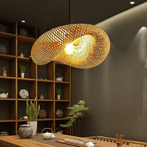 COCOL Retro Bambus Pendellampe Land Bambus Gewebte Lampe Handgewebte Hängelampe Bambus Rattan E27 Pendelleuchte Höhenverstellbare Villa Schlafzimmer Korridor Beleuchtung Dekoration Kronleuchter,60cm