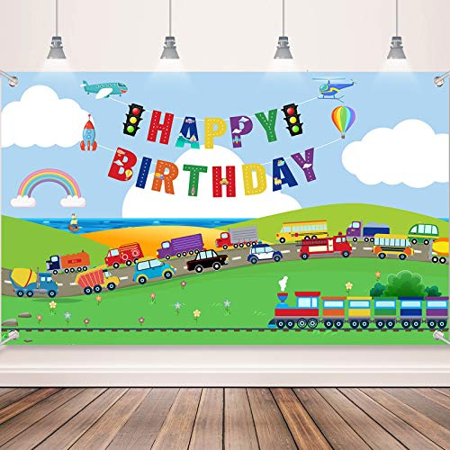Tatuo Suministro de Fiesta de Cumpleaños de Transporte Telón de Fondo de Tráfico de Fotografía Banner de Mesa de Tarta de Happy Birthday de Transporte para Niño Decoración Tema Coche Tren Avión Barco