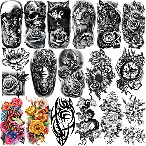Yazhiji 77 Blatt Wasserdicht Temporäre Tätowierung für Mädchen oder Jungen Kinder 17 Halber Arm Wolf Tiger Löwe Gefälschte Tattoos für Männer oder Frauen Und 60 Blatt Kleine Blumenaufkleber