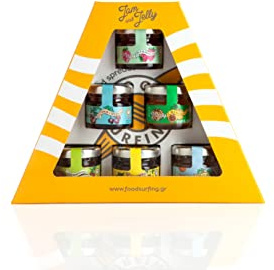 FOOD SURFING 6x30g JAM&JELLY Geschenkbox mit 6 Fruchtaufstrichen 30g / Erdbeere, Aprikose, Granatapfel-Rote Himbeere, Sauerkirsche, 4 Zitrusfrüchte, Mango-Ananas / 100% Frucht, ohne Zuckerzusatz