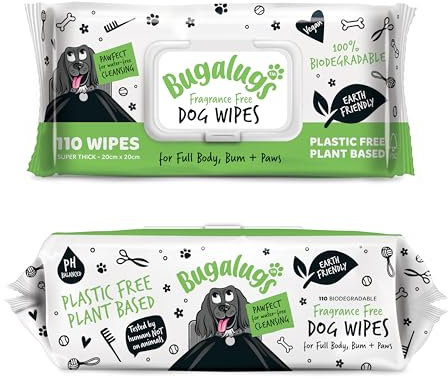 BUGALUGS Dog Wipes, 100% Plastic Free Biodegradable pet wipes for full body, eye wipes, ear wipes, bum & paws. 110 sensitive dog grooming wipes for dogs, puppy & cat grooming (Fragrance Free)