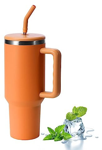 Lohoom Travel Mug, 40oz Tumbler with Straw and Lid Stainless Steel Vacuum Insulated Cup Double Wall Travel Flask Car Coffee Mug Tumbler Water Bottle Iced Coffee Cup for Cold & Hot Drinks (Orange)