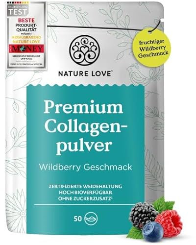 NATURE LOVE Premium Collagenpulver 500g – Wildberry Geschmack – Kollagen von Rindern aus Weidehaltung, hoch bioverfügbar ohne Zuckerzusatz, nur Süßungsmittel – laborgeprüft & in Deutschland produziert