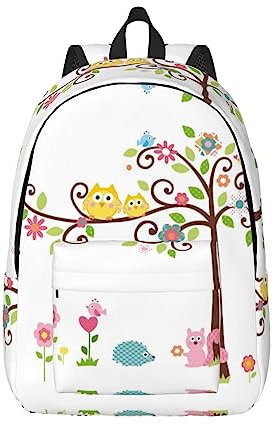 KoNsev Laptop-Rucksack mit niedlichem Cartoon-Eulen-, Baum-, Blumen- und Eichhörnchen-Motiv, Reiserucksack, Arzttasche, schwarz, stilvoll, leicht und funktional, Schwarz , M