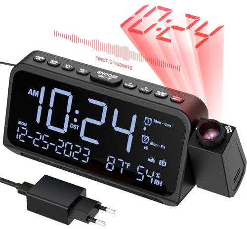 ROCAM Wecker mit Projektion für Schlafzimmer, Wecker Digital mit 5 Dimmer, 270° Projektor, Typ C, USB-Ladegerät, 12/24 H, Snooze, Batterie Backup, Projektionsuhr für ältere Kinder