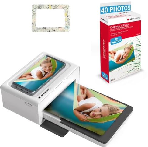 AgfaPhoto Pack Imprimante Realipix Moments + Cartouches et papiers 40 Photos + Joli Cadre magnétique - Impression Bluetooth Photo 10x15 cm, iOS et Android, 4Pass Sublimation Thermique - Blanc