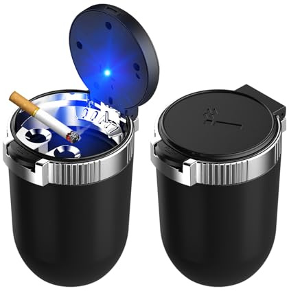 Dickno 2 PCS Car Ashtray with Lid, Detachable Stainless Smokeless Auto Ashtray, Portable Mini Vehicle Trash Can with LED Blue Light, Universal Interior Accessories for Cup Holder (Silver)