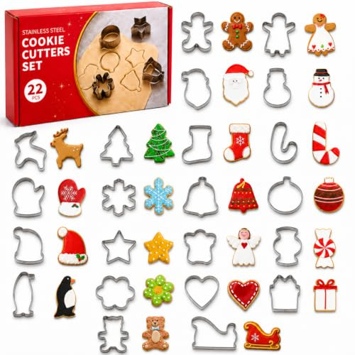 Ausstechform Weihnachten,22 Stück Mini ausstecher Weihnachten aus Edelstahl | Lebkuchen, Baum, Schneeflocke, Zuckerstange, Weihnachtsmann, Schneemann, Rentier, Handschuhe und mehr