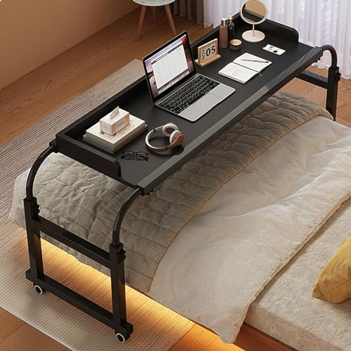 GXQFC Tavolino da Letto con 4 Ruote, 115 x 45 cm Comodino Altezza Regolabile Tavolo da caffè Carrello in Legno Metallo per Soggiorno Camera da Letto Ufficio(Color:Nero)