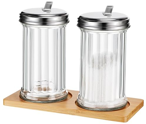 FoldTier Glass Sugar Dispenser Pourer Shaker with Tray 12 oz Retro Style Sugar Containers with Stainless Steel Lid for Coffee Bar Vintage Glass Jar For Sugar Cinnamon Spices (2 Pcs)