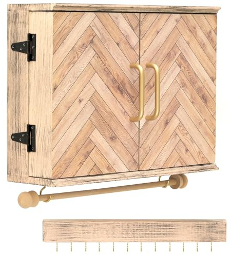 Wall Mounted Jewelry Organizer with Herringbone Wood Pattern. Jewelry holder for Necklaces, Earings, Bracelets, Ring Holder, and Accessories. Includes hooks for hanging jewelry - Brown
