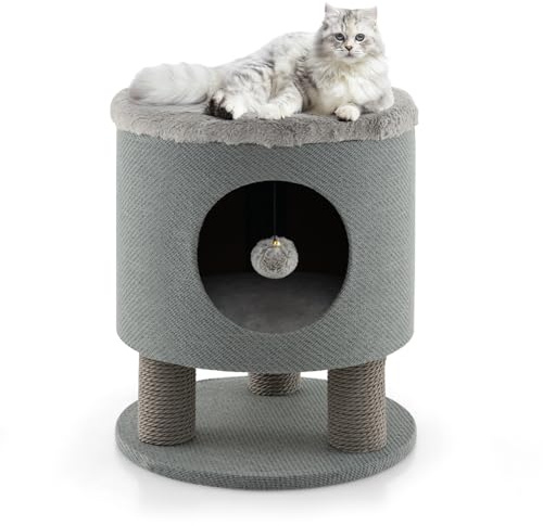 SOARS Tonneau à Gratter pour Chat Tabouret 47 cm, Petit Arbre à Chat Grotte avec Pompon Suspendu et 3 Poteaux Griffoirs en Sisal, Niche Intérieure Ø40, Gris