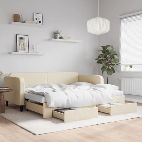 CKioict Palettenbett Modernes Bettgestell Jugendbett Tagesbett Ausziehbar mit Schubladen Creme 90x200 cm StoffGeeignet für Gästezimmer, B&Bs, Schlafzimmer