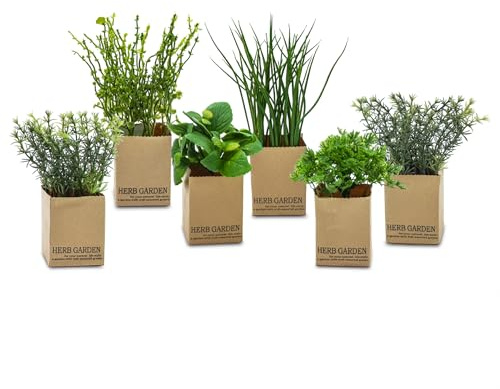 Spetebo Assortiment d'herbes artificielles – Lot de 6 – Plante artificielle avec pot de fleurs en papier – Ciboulette, persil, basilic, menthe, romarin, thym, art en pot