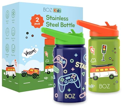 BOZ Barn isolerad vattenflaska med sugrörslock – tvåpack bunt, spel/bil, rostfritt stål vakuum dubbelvägg vattenkopp, 414 ml (14 oz). Reptålig, bärhandtag och diskmaskinssäker