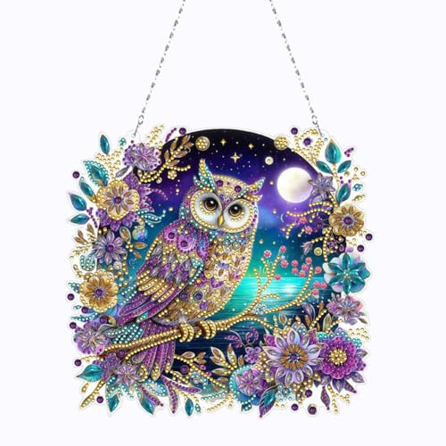 Starnearby DIY Diamond Painting Anhänger Doppelseitig mit Kette 5D Diamant Painting Fensterbilder Diamant Malerei Wandbehang Kits für Fenster Wand Und Eingang Decor 25cm (Eule A)