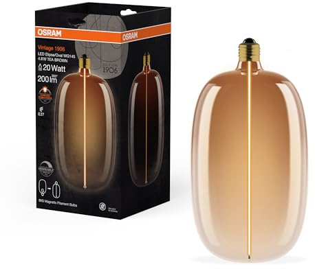 Osram Vintage 1906 Big Elipse Oval ist eine dimmbare LED-Lampe mit Filament in Ellipsenform. Sie bietet 4.8 W für 200 lm, E27 Fassung, Tea Brown Glas, 145 mm Durchmesser, CRI 80, 1800 K. | , LED Lamps, 145.00 mm Durchmesser, 1 Stück