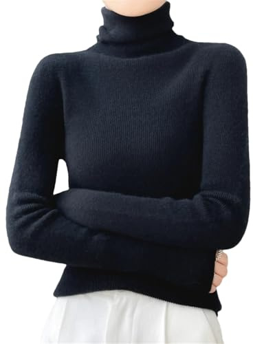 Niiyyjj Pull à col roulé en laine de mérinos 100% manches longues basique chemise à col roulé uni chandail mince pour femmes, Noir , L