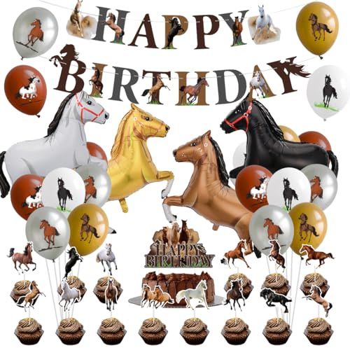 36 Pferde Geburtstagsdeko, Pferde Luftballons Deko Geburtstag Set, Enthalten 16 × Luftballon Pferd, 15 × Cupcake Topper, 4 × Folienballon, 1 × HAPPY BIRTHDAY Banner, Pferdedeko Für Jungen Mädchen