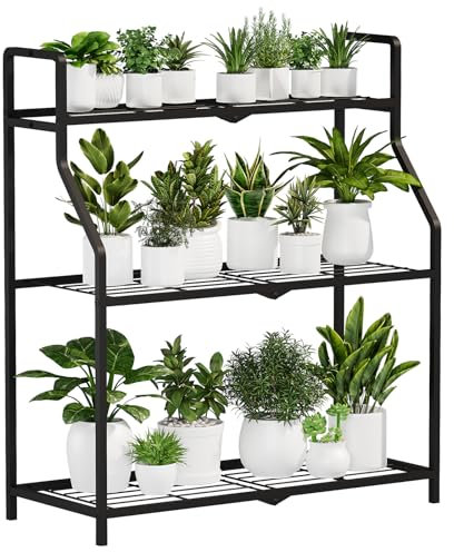 Bamworld Metal Plant Stand Indoor Outdoor, 3 Tier Plant Shelf for Multiple Plants, Large Heavy Duty Flower Pot Stands for Patio Garden Balcony Living Room Bedroom