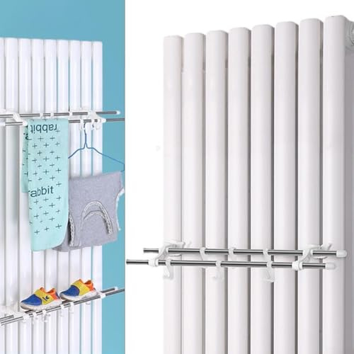 Double Towel Rail, Stainless Steel Bathroom Radiator Holder Rack With 6 Hooks (40cm)
