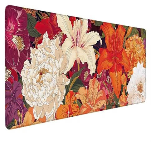 Tapis de Souris XXL 900 x 400MM, Tapis de Souris Gamer Blanc Tapis de Bureau Fleur Mouse Pad Antidérapant Étanche, Bords Cousus Tapis de Bureau Gaming pour la Bureau, Jeux, Maison Déco Cadeau U-C