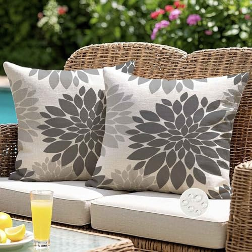 ViaElayu Outdoor Kissenbezug 40x40 Frühling Grau Blumen Kissenhüllen Zierkissenbezug Dahlien Wetterfest Dekokissen Kissen Couchkissen Sommer Kissenbezüge Wohnzimmer Garten Sofa Deko 2er Set