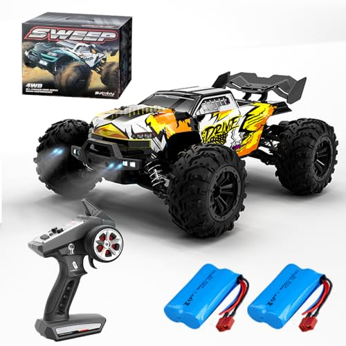 X-Verse 1:16 70KM/H Ferngesteuertes Auto mit Bürstenloser Motor, 4WD RC Auto Geländewagen Offroad, 2.4GHz All Terrain Offroad RC Truck Truggy für Erwachsene, 2 Batterien(Gelb)