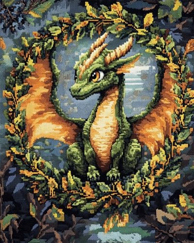 N.LANSHAN Diy Knüpfen Set Teppich Knüpfkissen-Set Mit Drachen Und Girlande，Fantasietiere，Diy Knüpfteppich-Set，Set Zur Teppichherstellung，Kreuzstich-Stickerei-Set，Handarbeits-Bastelteppich 80x115cm